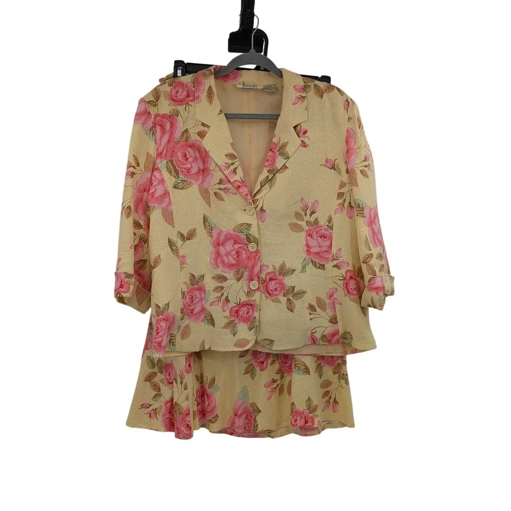 Boho Cottagecore Y2K 90s Yellow Pink Rose Floral LinenBlend‎ Blazer/Skirt 14 Set